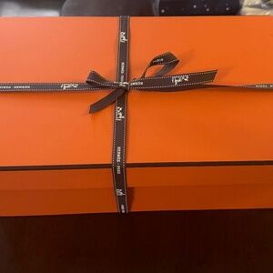 Hermes Empty Orange Shoe Box with original brown ribbon and two shoe dust bags